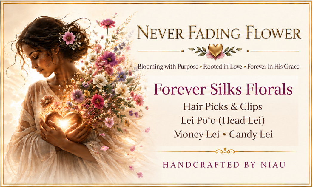 Never Fading Flower artwork featuring a woman holding a glowing heart surrounded by flowers